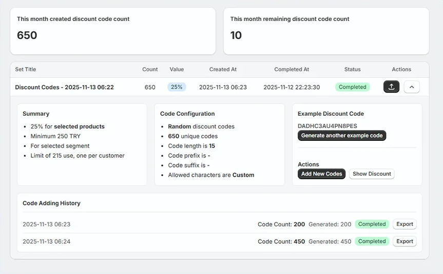 Bulk Discount Code Generator set ayrıntısı: 650 kod oluşturulmuş, seçili müşteri grubu için seçili ürünlerde %25, müşteri başına tek kullanım ve kod ekleme geçmişi