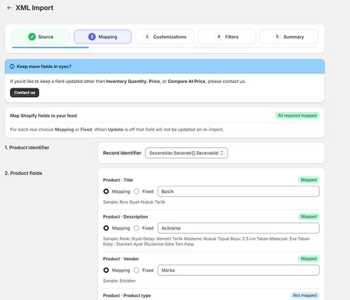 FeedFix XML Import screen at the Mapping step: supplier fields mapped to product title, description and vendor