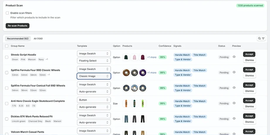 VariantX Product Scan: suggested groups such as Shredz Script Hoodie, with their options, product photos and 99% confidence